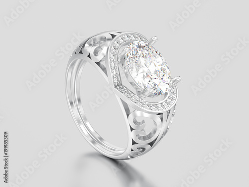 3D illustration white gold or silver decorative engagement diamond ring