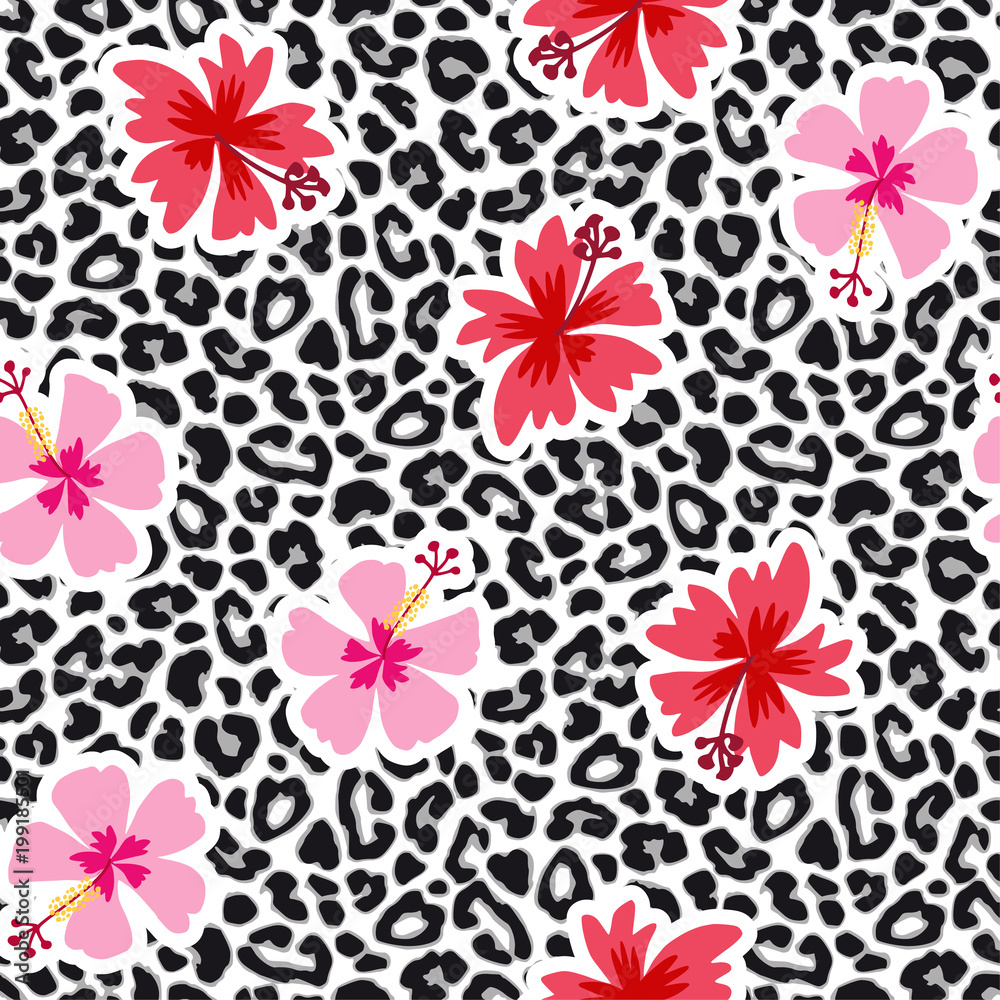 Tropical seamless background with hibiscus flowers and leopard pattern. Exotic animal and floral vector illustration.