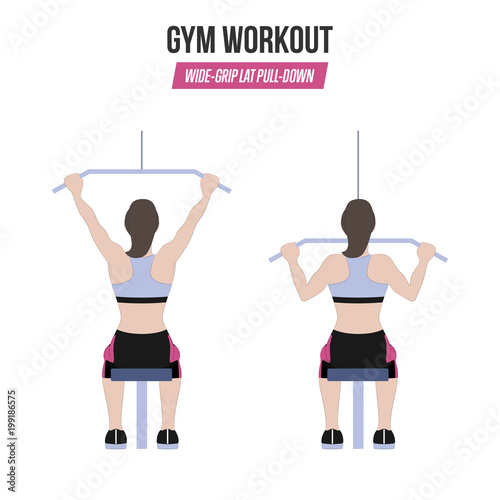 Wide-grip lat pull-down exercise. Sport exercises. Exercises in a gym. Workout. Illustration of an active lifestyle Vector