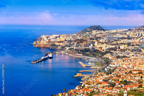 Panoramic view on Funchal city in daytime, Madeira island, Portugal