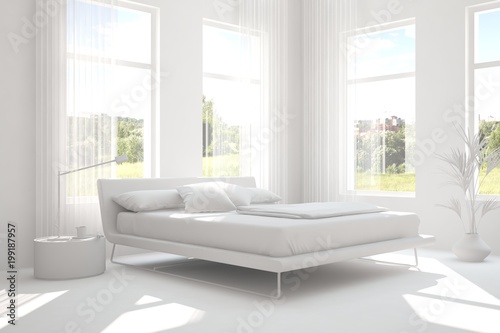 Inspiration of white minimalist bedroom with summer landscape in window. Scandinavian interior design. 3D illustration