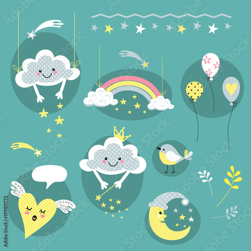 cheerful vectorial set of characters cloud and rainbow