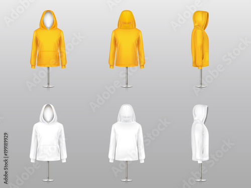 Vector set of realistic hoodies on mannequins and metal poles, sweatshirt unisex model with long sleeves and pockets, in two colors white and yellow isolated on background. Mockup for clothes design