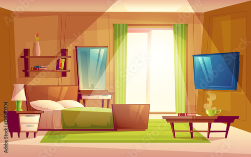 Vector cartoon interior of cozy modern bedroom, living room with double bed, TV set, dresser, bookshelf, carpet, house inside. Colorful background, apartment concept with furniture