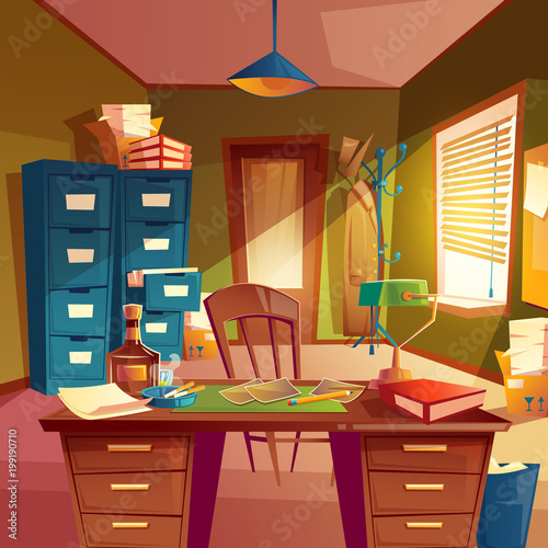 Vector working space of detective, office room interior. Desktop, cabinet, bookshelves, chair, table with lamp, case, ashtray with cigarettes, alcohol bottle. Place for agency Concept for workplace