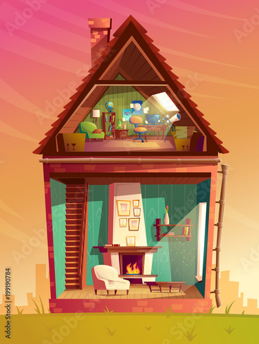 Vector house interior cross section, cartoon children playroom at attic with furniture and living room with fireplace. Residential cozy room. Front view of private building. Architecture background