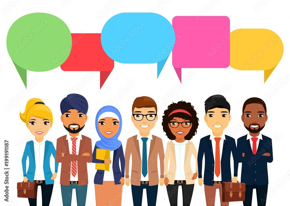 Business concept. Communications of businessmen of different ethnic groups.  Asian, Latin American, African, European, Indian, Arab. Team work. Flat style on white background. Cartoon.