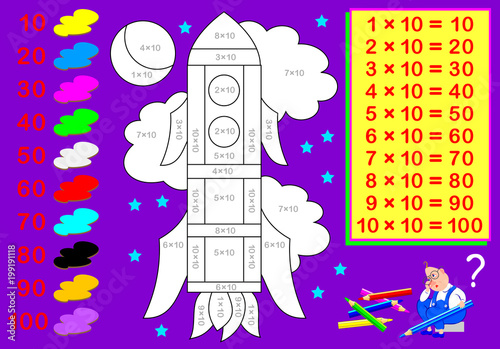 Worksheet with exercises for children with multiplication by ten. Need to solve examples and paint the picture in relevant colors. Vector cartoon image.