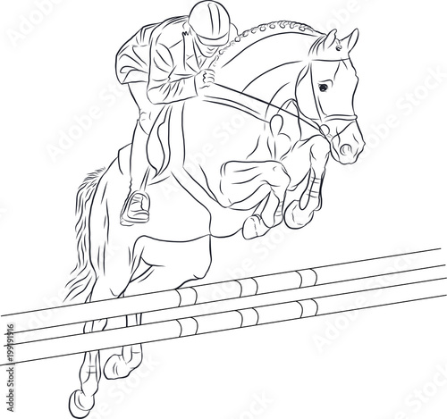 A sketch of a rider on a horse is jumping over an obstacle.