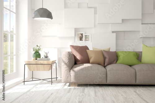 Idea of white minimalist room with sofa. Scandinavian interior design. 3D illustration