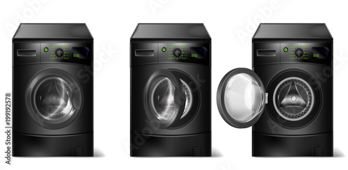 Vector set of 3d realistic black washing machines, compact washer with front-loader, with open and closed door isolated on background. Modern household appliance for laundry, mockup for your design