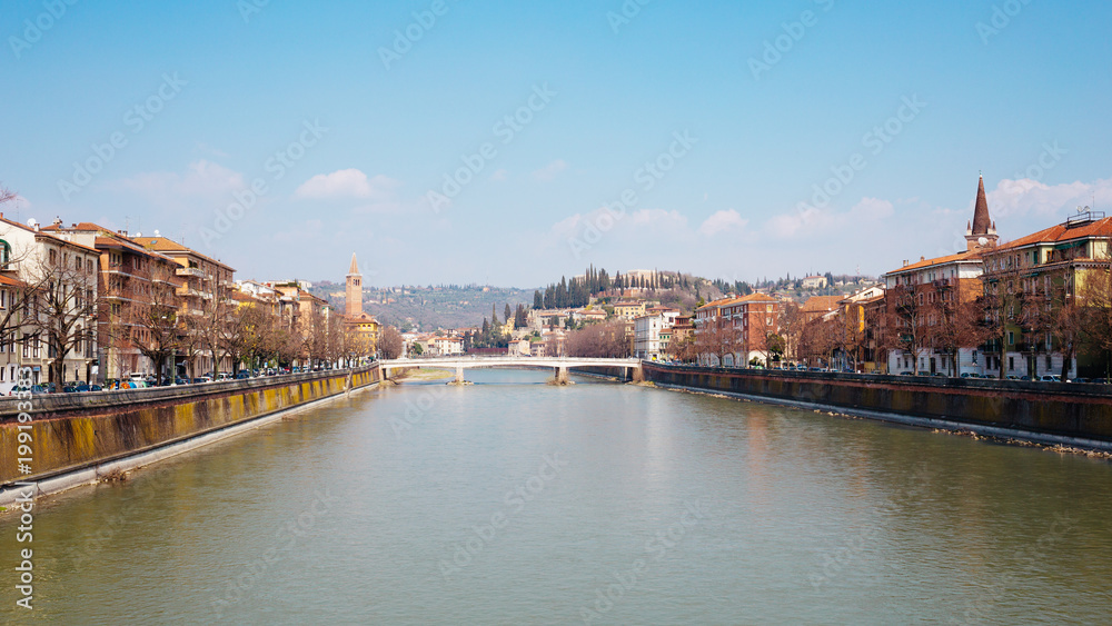 Landscape of river banks. Verona, Adige river