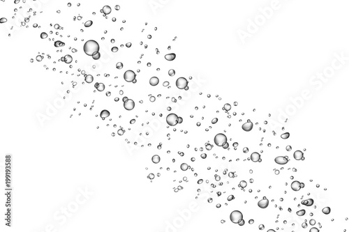 Underwater fizzing air bubbles flow on white background. 