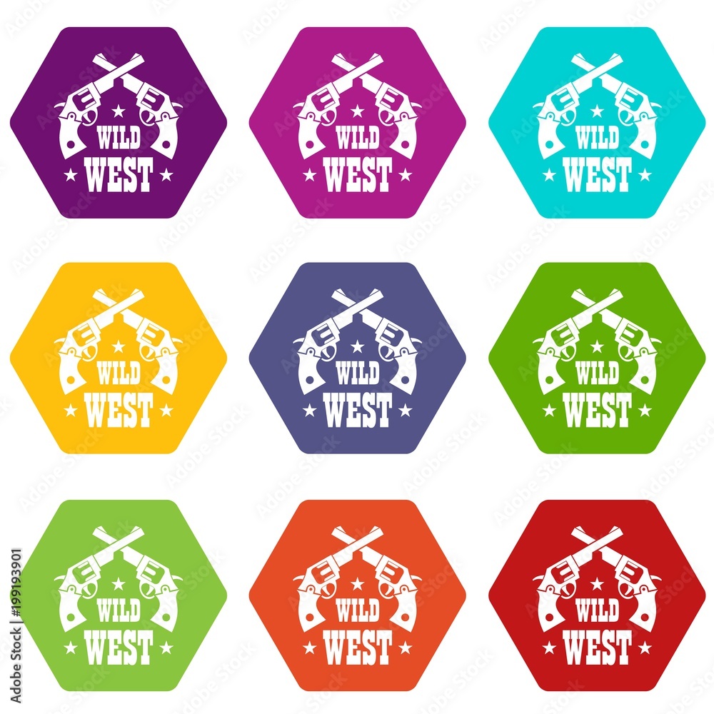 Wild west revolver icons set 9 vector Wild west revolver icons set 9 vector