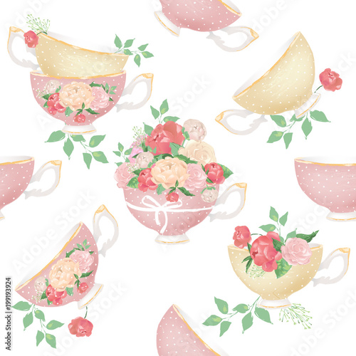 Beautiful pink and beige porcelain tea cups with tied bows and peony flowers bouquets seamless pattern on white background