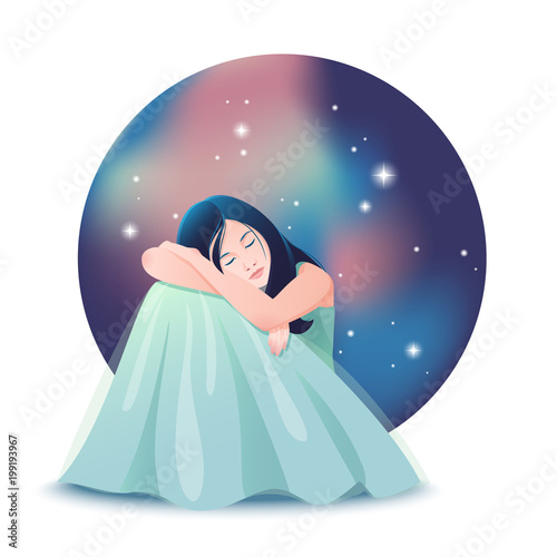 Vector illustration of dreaming girl siting with closed eyes like sleeping. Background of night sky with stars. Realistic flat modern style