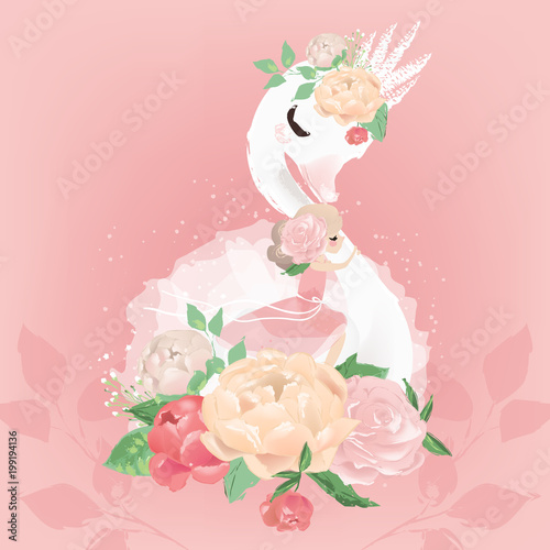 Beautiful white swan in crown with floral bouquet of pink and beige peony (peonies) flowers and little girl