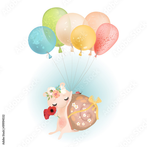 Cute baby snail flying with colorful balloons with tied bow, ladybug and flowers