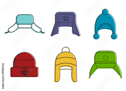 Winter hat icon set, color outline style