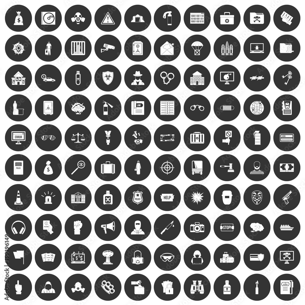 100 crime icons set black circle 100 crime icons set black circle
