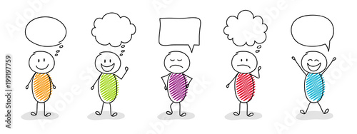 Cartoon stickmen with speech balloons - collection with different facial expressions. Vector.