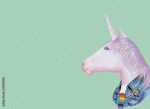 Horse unicorn dressed up in style of 90's. Furry art illustration. Fashion animals.