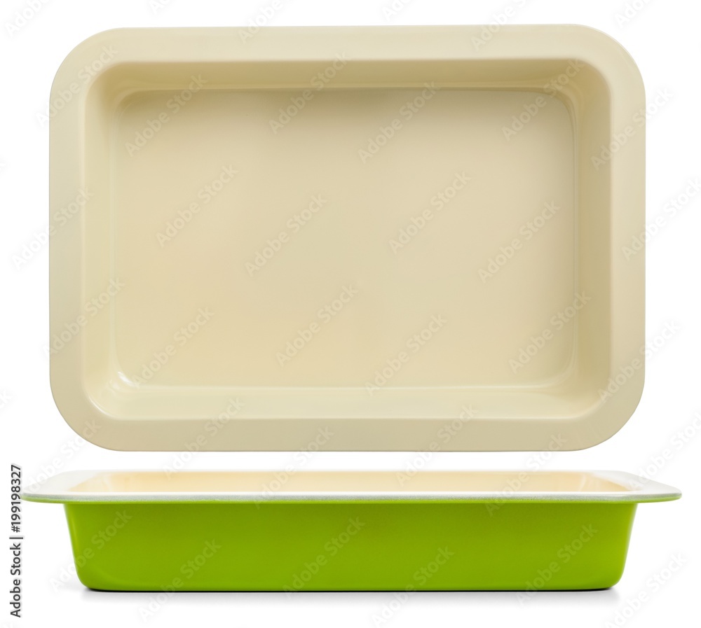 Green tray for oven / Empty baking tray isolated on white background Green tray for oven / Empty baking tray isolated on white background