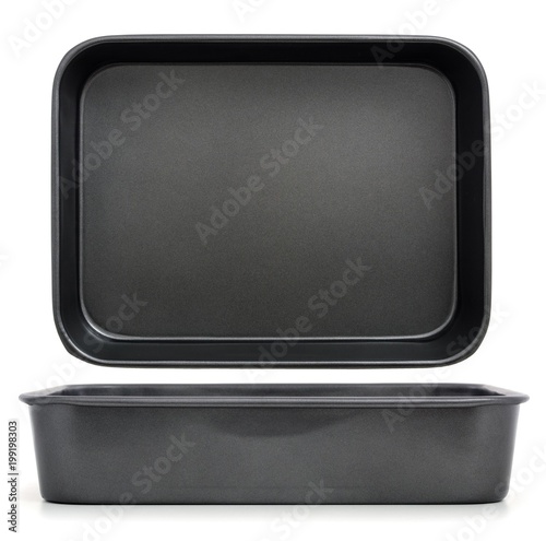 Tray for oven  / Empty baking tray isolated on white, view from the top and side view