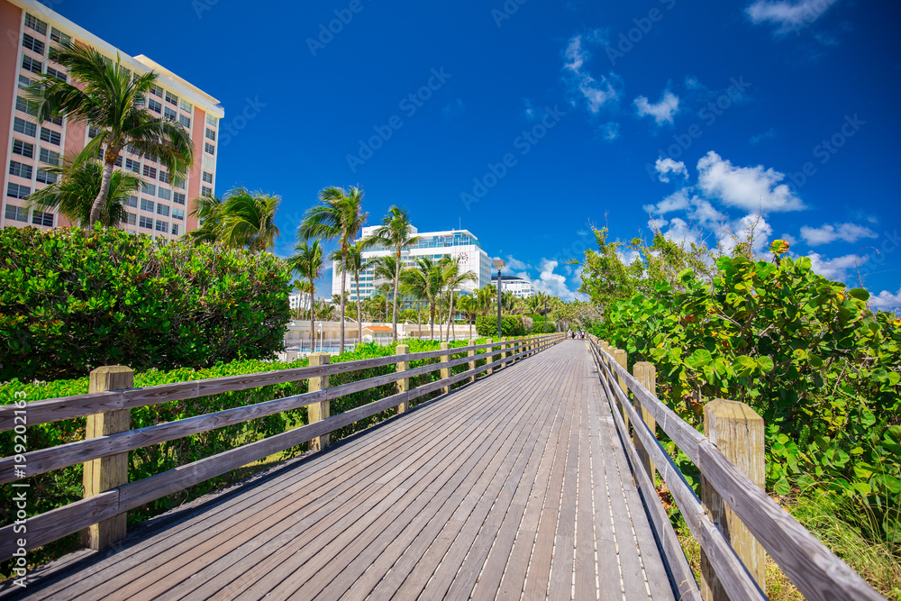 Walkway to famous South Beach, Miami Beach, Florida