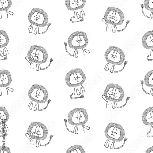 Seamless pattern with cute cartoon lion. Vector illustration
