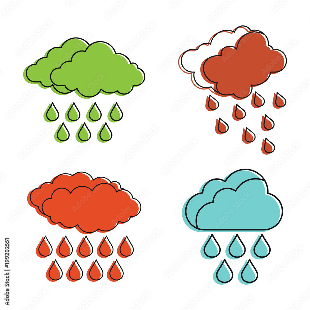 Rain cloud icon set, color outline style Rain cloud icon set, color outline style