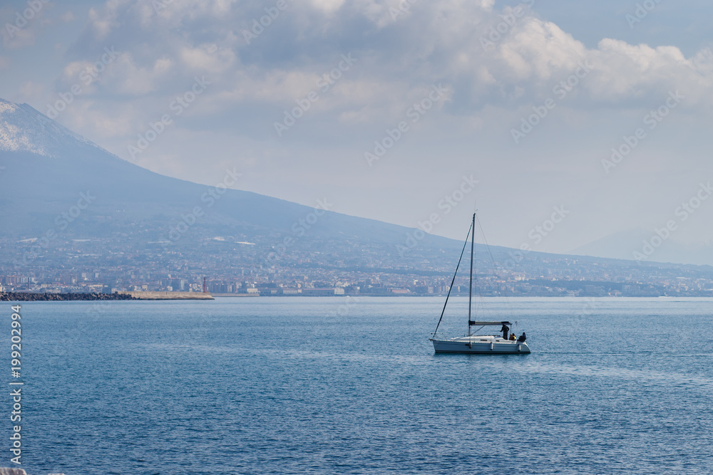 yacht stand still in the water of the gulf of Naples, Italy.