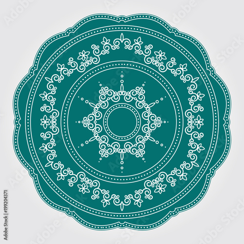 Abstract floral lace pattern with swirls. Vector decorative ceramic or porcelain plate with round ornament in ethnic oriental style. Intricate, fanciful ornate dish. Vector illustration.