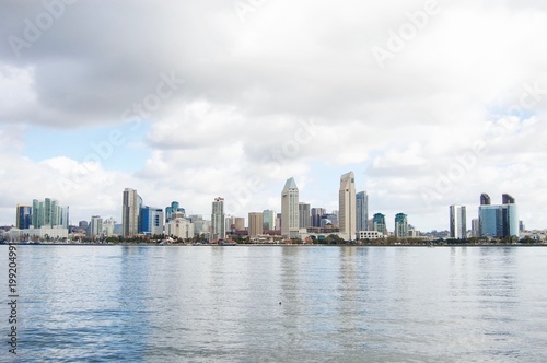 Beautiful panorama of the San Diego Skyline in California (USA) with reflections of the buildings in the water