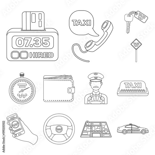 Taxi service outline icons in set collection for design. Taxi driver and transport vector symbol stock web illustration.