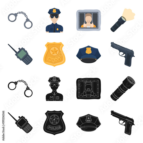 Radio, police officer badge, uniform cap, pistol.Police set collection icons in black,cartoon style vector symbol stock illustration web.