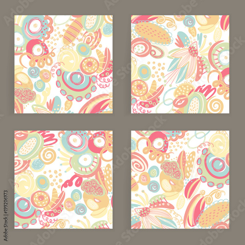 Vector set of square cards. Hand drawn abstract shapes, scribbles, spirales. Stains ans spots of paint. Creative backgrounds. Freehand style. Design with doodles. Invitation, postcard, cover, banner