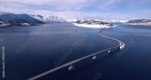 A bridge in an incredibly beautiful winter landscape in Norway lofoten
