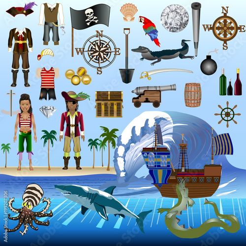 Pirate Elements Vector Kit - Posable Dressable Characters with Detailed Costumes - Objects Animals & Elements - For print, web, apps, games, media