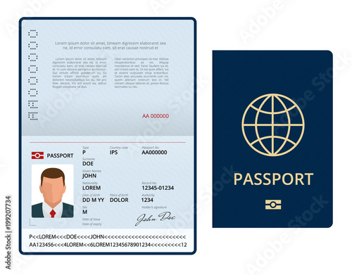 Vector Blank open passport template. International passport with sample personal data page. Document for travel and immigration. Isolated vector illustration. photo