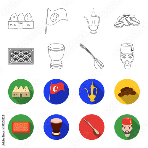 Turkish carpet, saz, drum, turkish men.Turkey set collection icons in outline,flet style vector symbol stock illustration web.