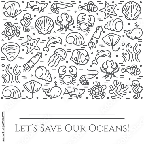 World oceans day theme black and white banner - pictograms of fish  shell  shark  dolphin  turtle and other sea creatures related line elements.