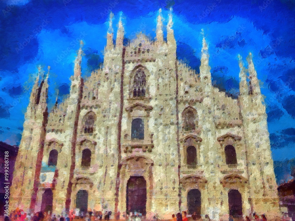Milan cathedral. Ancient gothic church. Summer tourism in Italy. Big size painting in oil on canvas artwork.