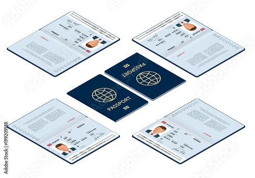 Vector isometric Blank open passport template. International passport with sample personal data page. Document for travel and immigration. Isolated vector illustration.