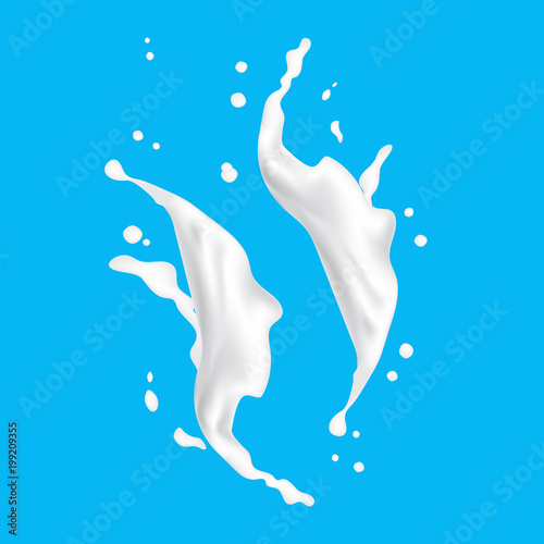 3d Milk Splash Drops On A Blue Background. Cream Yogurt Splashing Design Element.