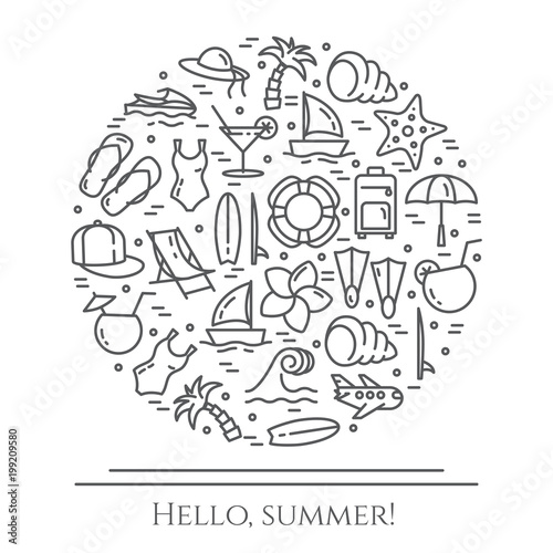 Summer vacation banner with thin line elements isolated on white background.