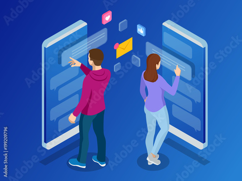 Isometric woman and man typing on mobile smartphone. Live Chat. Sms messages and Speech bubbles. Short message service bubbles. Flat vector illustration