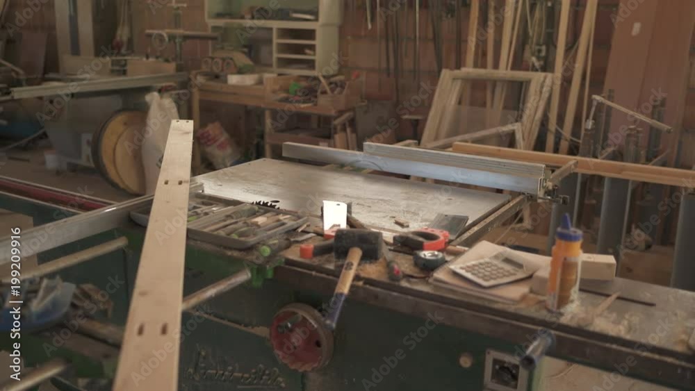 Pan right view of a carpentry workshop