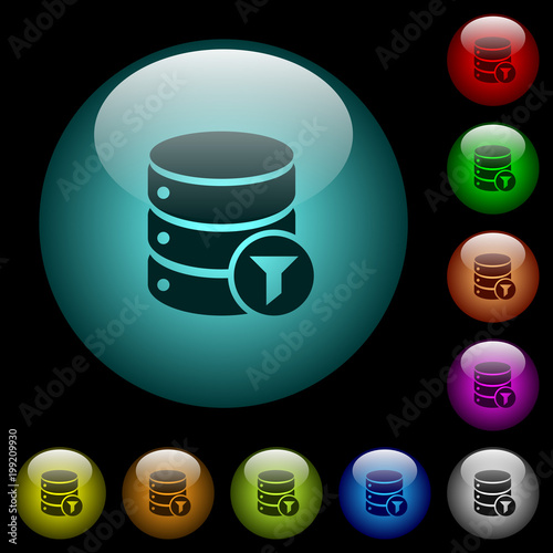 Database filter icons in color illuminated glass buttons