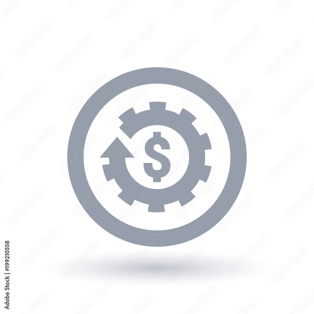 American Dollar sign and cog gear icon in circle. Economy symbol. Currency commerce sign. Vector illustration. American Dollar sign and cog gear icon in circle. Economy symbol. Currency commerce sign. Vector illustration.